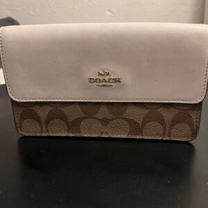 Coach Cream and Brown Wallet with Flap Closure and Signature Monogram